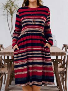 EMERY ROSE 大码女式条纹长袖连衣裙，秋季 - 酒紅色 - 查看 6