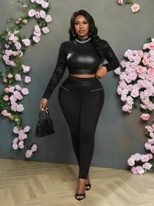 Slaydiva Plus Size Women Casual Sexy PU Splice Solid Black Leggings With Zipper Decor