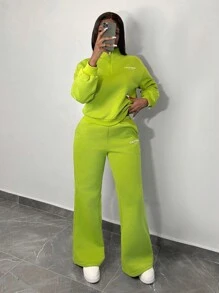 Slaydiva 新款休闲运动高领半拉链宽松落肩长袖运动衫直筒阔腿裤绿色运动衫保暖内衬套装英文印花女式两件套-M - 綠色 - 查看 6