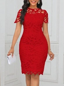 SHEIN Lady 夏季婚礼宾客礼服女式白色牛奶丝紧身礼服婚礼招待会礼服 - 紅色 - 查看 1