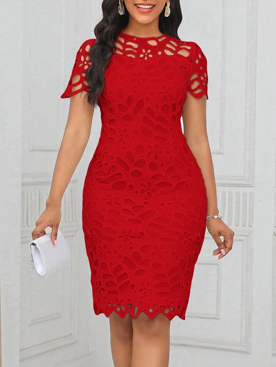 SHEIN Lady 夏季婚礼宾客礼服女式白色牛奶丝紧身礼服婚礼招待会礼服 - 紅色 - 查看 1