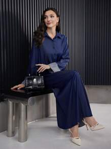 Al Najma 女士翻领休闲宽松直筒连衣裙、办公室/日常服装、穆斯林时尚长裙 - 藍色 - 查看 1