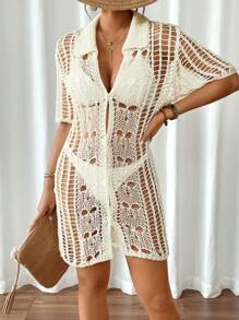 SHEIN Swim Kimono cubrecuerpo para mujer con cuello de polo y calado, ideal para el verano - Beis - Ver 7