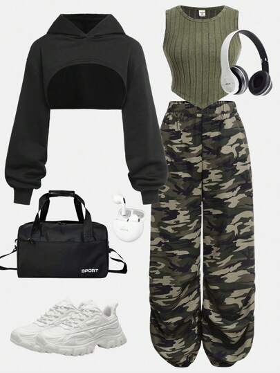 SHEIN Girlism 少女 3 件套秋冬/休闲街头/黑色纯色高低下摆连帽卫衣和迷彩印花裤和背心