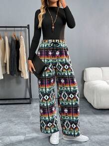 EMERY ROSE 女式休闲松紧腰直筒格子裤，秋季 - 彩色 - 查看 4