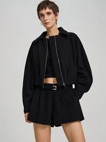 Ontre 2025年春季新款女装，O型设计法式黑色领冬季女士外套，38%羊毛粗花呢面料，O型廓形女式夹克，翻领拉链设计 - 黑色 - 查看 9