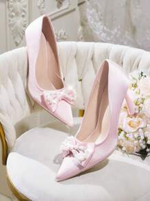 CUCCOO HITCHD Women Faux Pearl Decor Bow Point Toe High Heel Dress Shoes For Christmas And New Year Holiday Vibe Fall And Winter - Pink - View 2