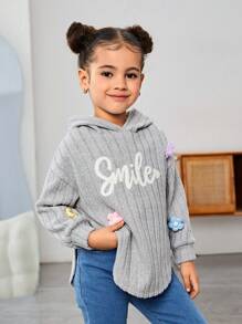 SHEIN Jong meisje & Jong meisje 3D bloemen gebreide samengestelde fleece capuchontrui met gebogen zoom, geschikt voor casual dagelijks gebruik
