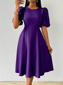 Lyxana Green Women's Long Puff Sleeve Waisted Flare Dress, Spring/Summer Maxi Women Outfit