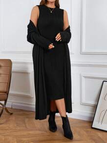 SHEIN LUNE Set de 2 piezas de mujer de talla grande con cárdigan rizado de color albaricoque y vestido para otoño e invierno, ideal para viajes, aeropuerto, vacaciones, año nuevo y cumpleaños