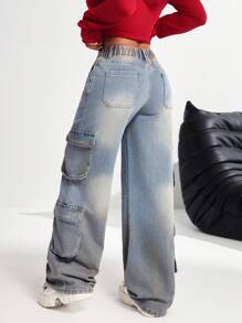 SHEIN PETITE 女士低腰直筒牛仔工装裤，蓝色