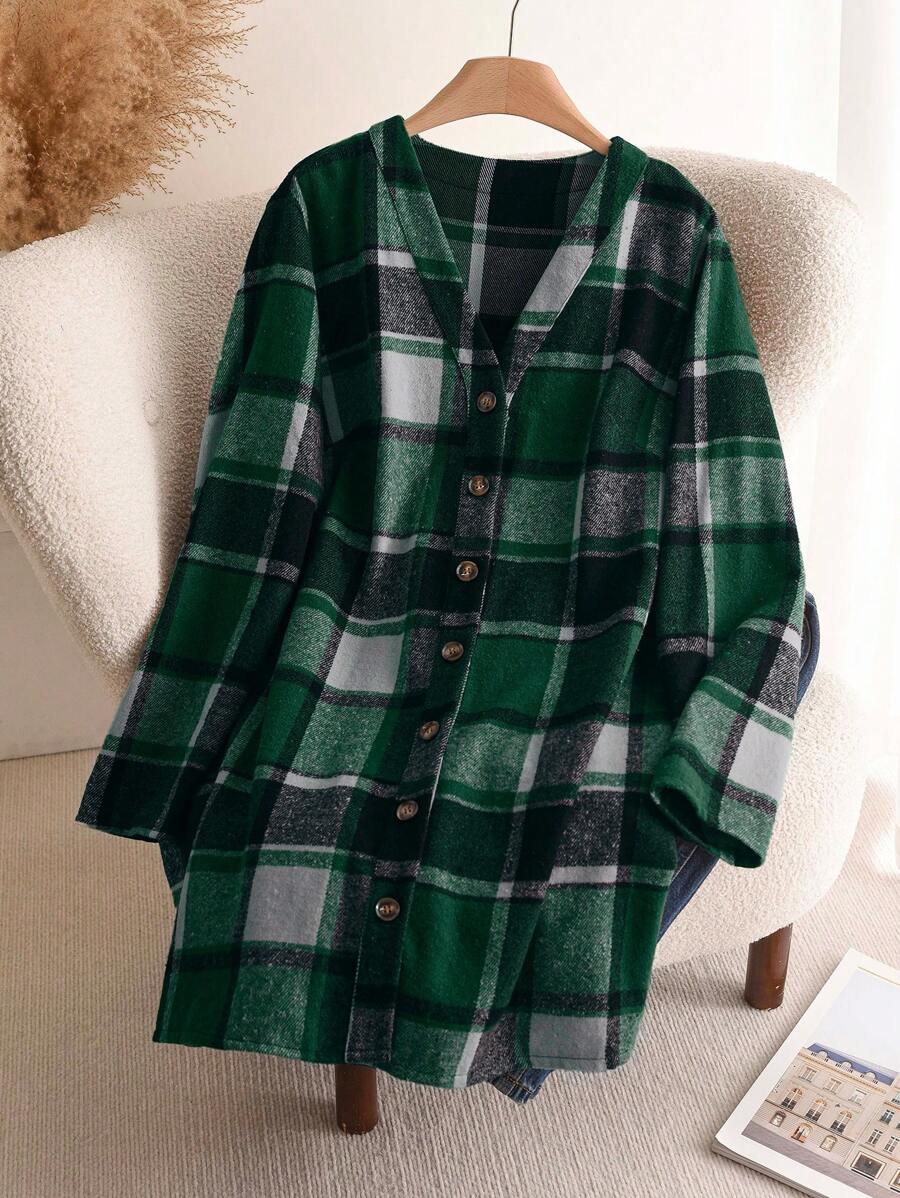 SHEIN Frenchy 大码女式休闲格子后背设计 A 字形大衣 - 綠色 - 查看 1