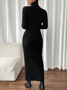 Chiquease 欧美时尚休闲日常百搭高领保暖修身长袖黑色紧身中长连衣裙，女款，秋冬 - 黑色 - 查看 2