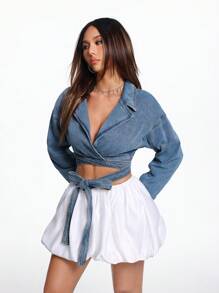 SHEIN EZwear Áo khoác denim ngắn giản dị cho nữ, mùa thu - Rửa trung bình - Xem 4