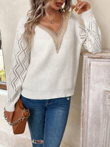 SHEIN LUNE Guipure Lace Panel Pointelle Knit Drop Shoulder Jumper - Beige - View 4