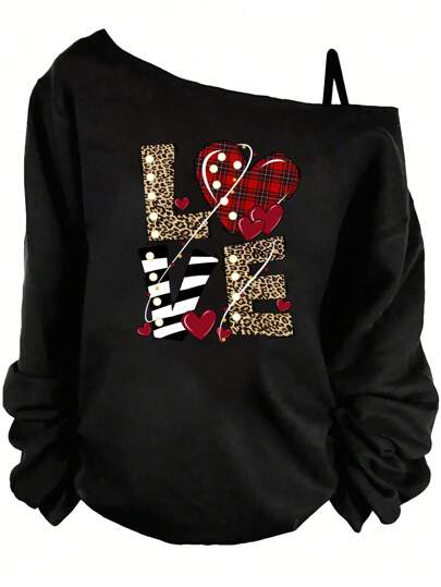 SHEIN LUNE Camiseta de manga larga con cuello redondo, un hombro asimétrico y estampado de corazones, para mujer de talla grande, para invierno y el Día de San Valentín