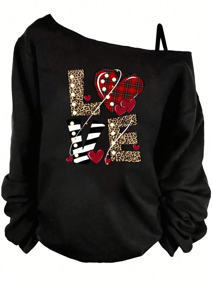 SHEIN LUNE 大码女式心形印花不对称单肩带圆领长袖 T 恤,冬季,情人节 - 黑色 - 查看 1