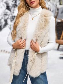 SHEIN LUNE Áo khoác lông thú giả không tay thắt lưng màu trơn LUNE dành cho nữ, thanh lịch cho mùa thu đông ấm áp, áo khoác giữ nhiệt thời tiết lạnh, tuyết, trang phục ngày lễ cho nữ - Màu be - Xem 4