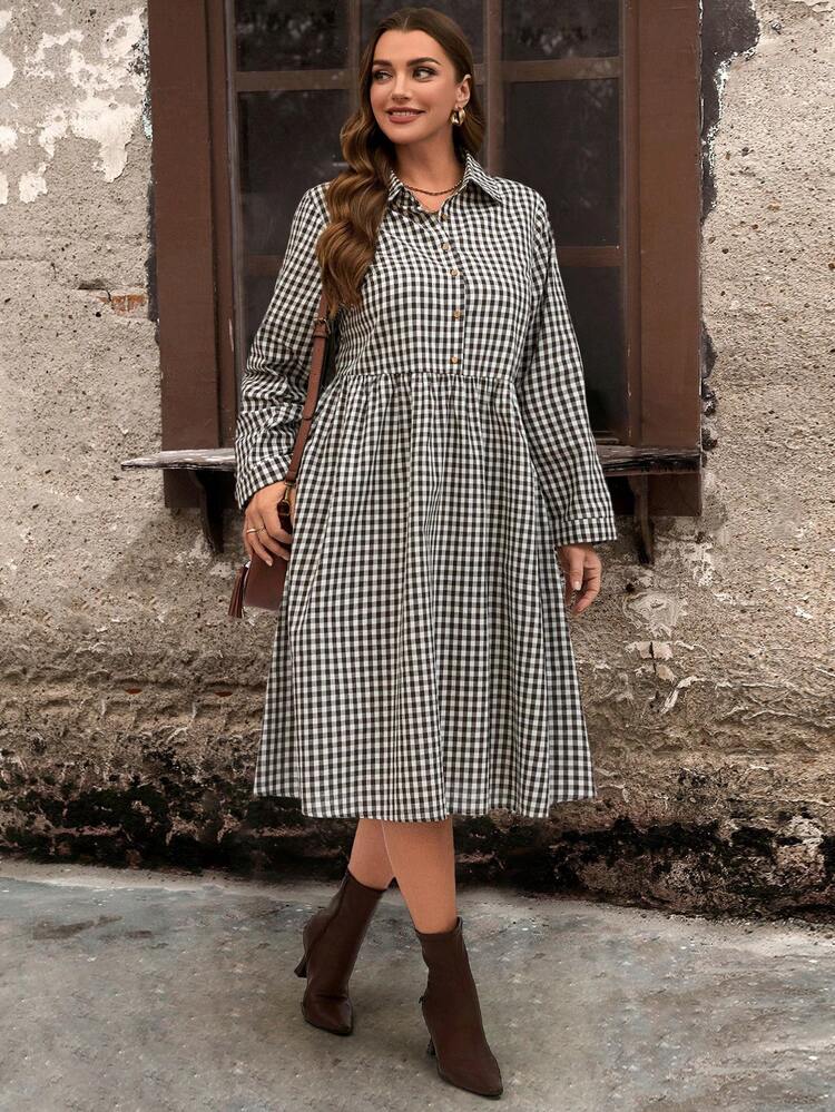 Plus Size Winter Women Plaid Print Long Sleeve Single-Breasted Casual Shirt Dress