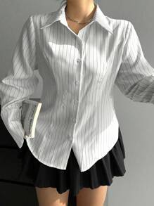 Flirla 大码休闲修身腰部前开长袖条纹衬衫 - 彩色 - 查看 1