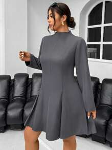 Firerie Plus Size Women Solid Gray Flared Sleeve Stand Collar Pleated Mini Dress, Autumn/Winter