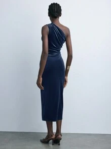 Maija Autumn/Winter New Urban Chic Elegant Party And Casual Vintage Outdoor Mocha Brown Velvet Waist Cinched Long Dress For Women,,Summer Clothes,Summer Outfits ,Country Concert Outfit ,Streetwear Women,Stockholm Style,Stockholm Style,Club,Teacher, Teacher Outfits For Women - Dusty Blue - View 4