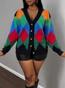 Slaydiva New Winter Contrast Color Knitted Cardigan, Casual Streetwear For Valentine's, New Year, Party, Daily Wear