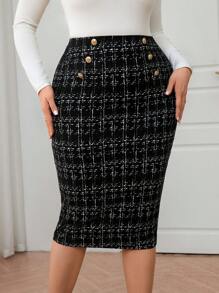 SHEIN Clasi Kurvenreiche Damen Große Größen Schwarz Karomuster Einfach Lässig Täglich Metall Doppelreiher Schlank Elegant Büro Rock, geeignet für Frühling, Herbst und Winter, Ausgehen, Weihnachten, Strickrock, Silvester Damen