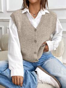 SHEIN Unity Women's Casual Plain Single-Breasted V-Neck Sweater Vest Cardigan For Autumn/Winter - Mocha Brown - View 5