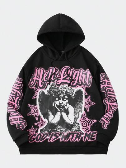 Sudadera con capucha para hombre de ajuste holgado con impresión de letra de ángel, ropa de calle