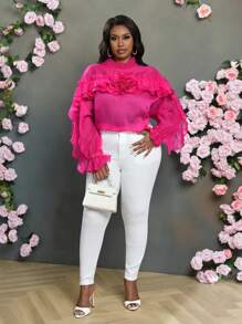 Slaydiva 大码优雅纯色 3D 花卉装饰荷叶边下摆衬衫，秋季 - 玫紅色 - 查看 3