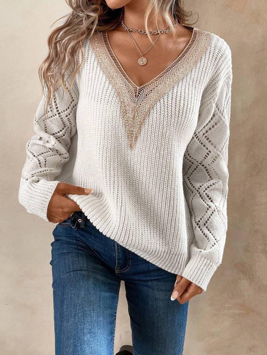SHEIN LUNE Guipure Lace Panel Pointelle Knit Drop Shoulder Jumper - Beige - View 1