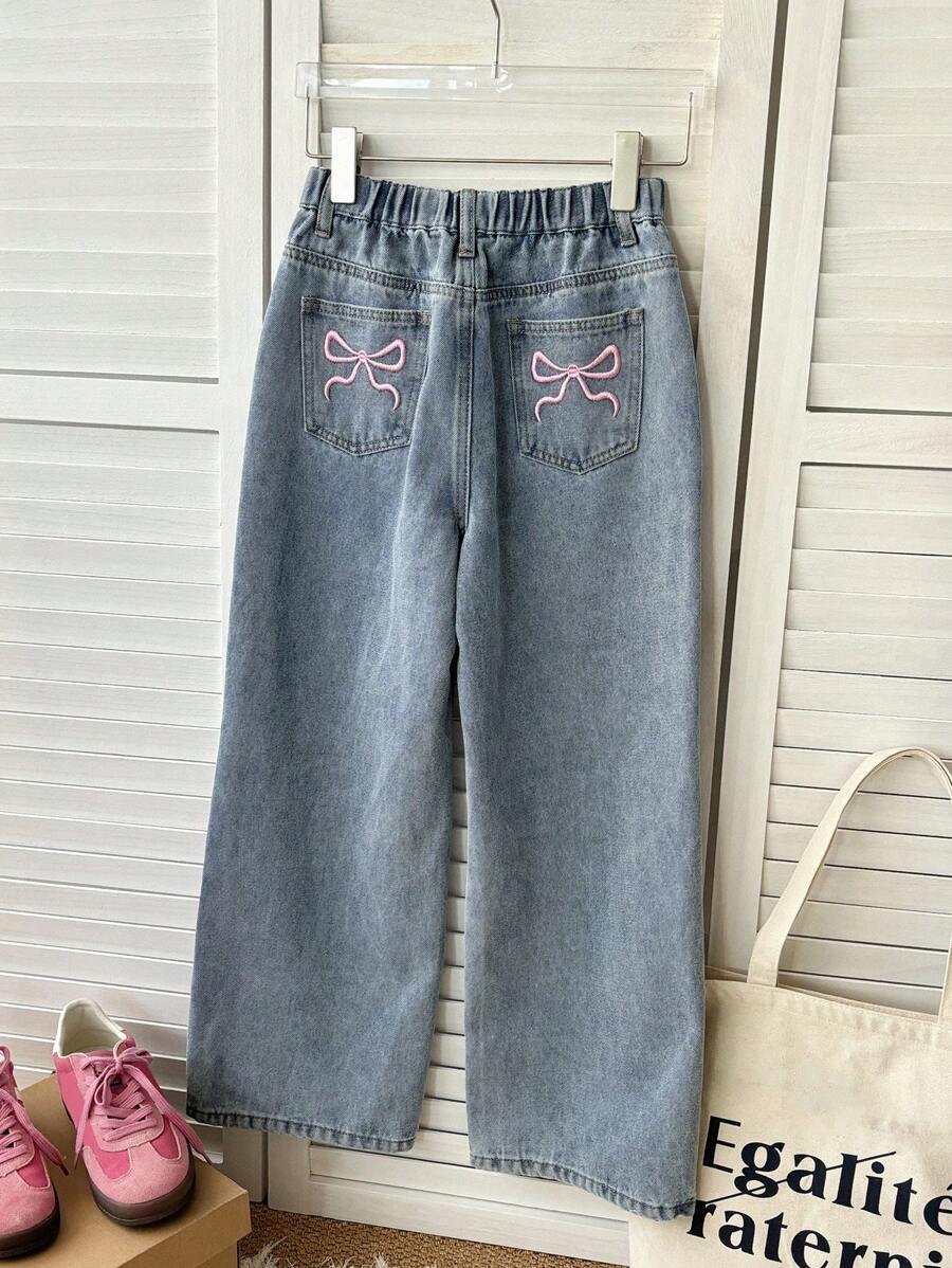 Dazy Kids Tween Girl Button Bow Embroidery Pocket Zipper Straight Leg Denim Jeans,Back To School Clothes - Light Wash - View 1