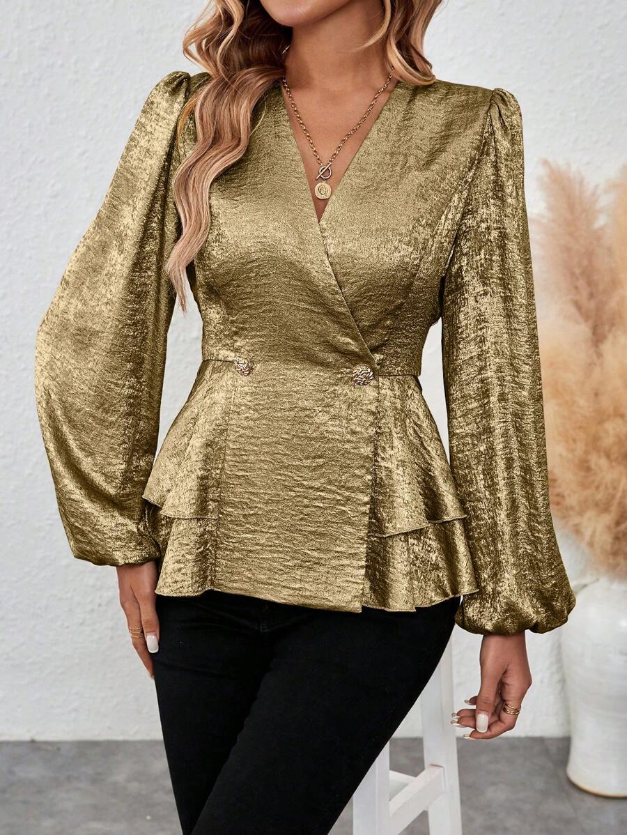 SHEIN Clasi 双排扣金属色调面料长袖荷叶边修身衬衫适合新年节日聚会服装 - 金色 - 查看 1