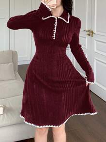 Mulvari Vestido casual mini de manga larga con cuello polo, puños acanalados y volantes con estampado floral, para otoño