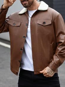 Manfinity Homme Chaqueta casual de otoño/invierno para hombre, con cuello de sherpa y color block en piel de imitación