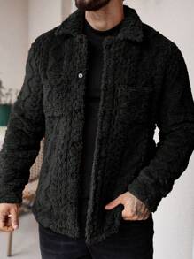 Manfinity Homme Men's Casual Solid Color Fuzzy Jacket For Autumn/Winter ,Men Flannel,Winter Men Jacket