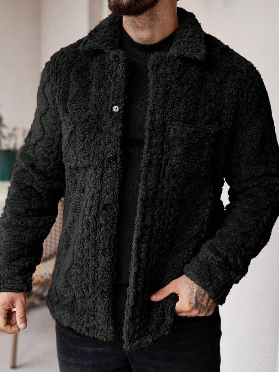 Manfinity Homme Men's Casual Solid Color Fuzzy Jacket For Autumn/Winter ,Men Flannel,Winter Men Jacket