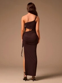 Glamine 女士优雅性感纯色单肩露背侧开衩连衣裙，迷人圣诞派对装长款女士装