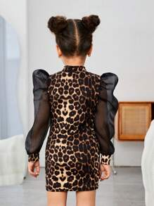 Nova Glow Young Girl 1 cái/bộ Basics Leopard Patchwork tay bồng váy, tuyệt vời cho mặc thường ngày & hàng ngày & đi học hàng ngày vào mùa thu & đông, cho mẹ và con, ngày lễ tình nhân - Cà phê - Xem 2