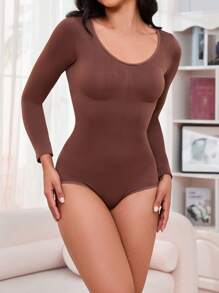 Women's Solid Color Crew Neck Bodysuit, Fitted Long Sleeve - Coffee Brown - View 4