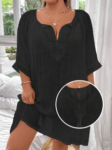 Swim Lushoire Plus Size Women's Plain Simple Daily Cover Up,Summer Beach - Black - View 4