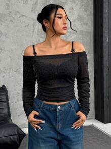 SHEIN EZwear Damen Große Größen Silber-Faden transparente Bluse, minimalistische Mode Lässig Alltagskleidung - Schwarz - Übersicht 1