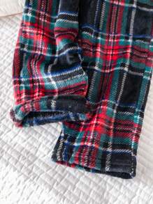 SHEIN 2 件套男童休闲圆领半开襟长袖上衣和柔软格子法兰绒睡裤，舒适贴肤家居睡衣套装，适合秋冬季 - 黑色 - 查看 5