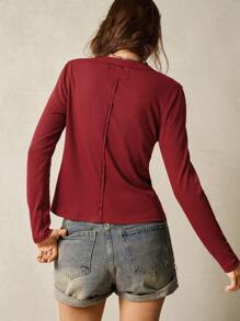 Bohemela 女士休闲纯色针织圆领长袖 T 恤 - 紅色 - 查看 4