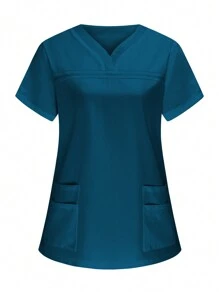 PopScrub Women Short Sleeve Twin Pockets Nurse Scrub Uniform Blouse - Dusty Blue - View 4