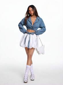 SHEIN EZwear Áo khoác denim ngắn giản dị cho nữ, mùa thu - Rửa trung bình - Xem 3