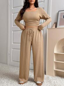 SHEIN EZwear Bộ 2 món áo dệt kim họa tiết cỡ lớn và quần rút dây - Cà phê nâu - Xem 3