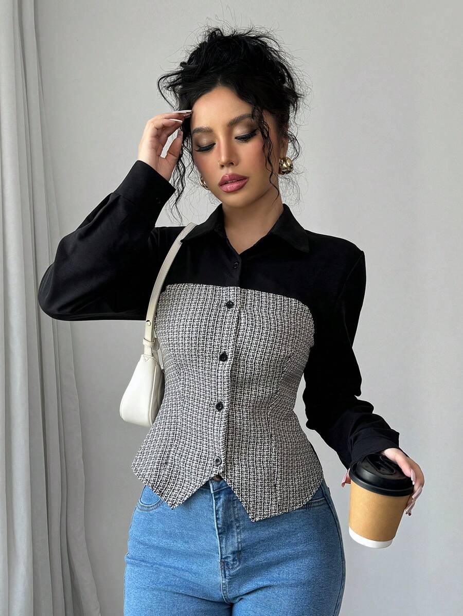 Selianne 女士撞色千鸟格拼接、收腰、纽扣、撞色领子和开衩下摆、办公室装 - 黑色 - 查看 1