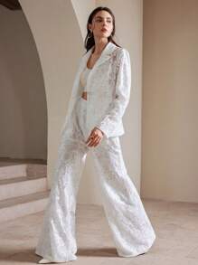 Anewsta Elegant Sheer Fabric Embroidered Sequined Translucent Blazer Suit, Autumn/Winter - White - View 3